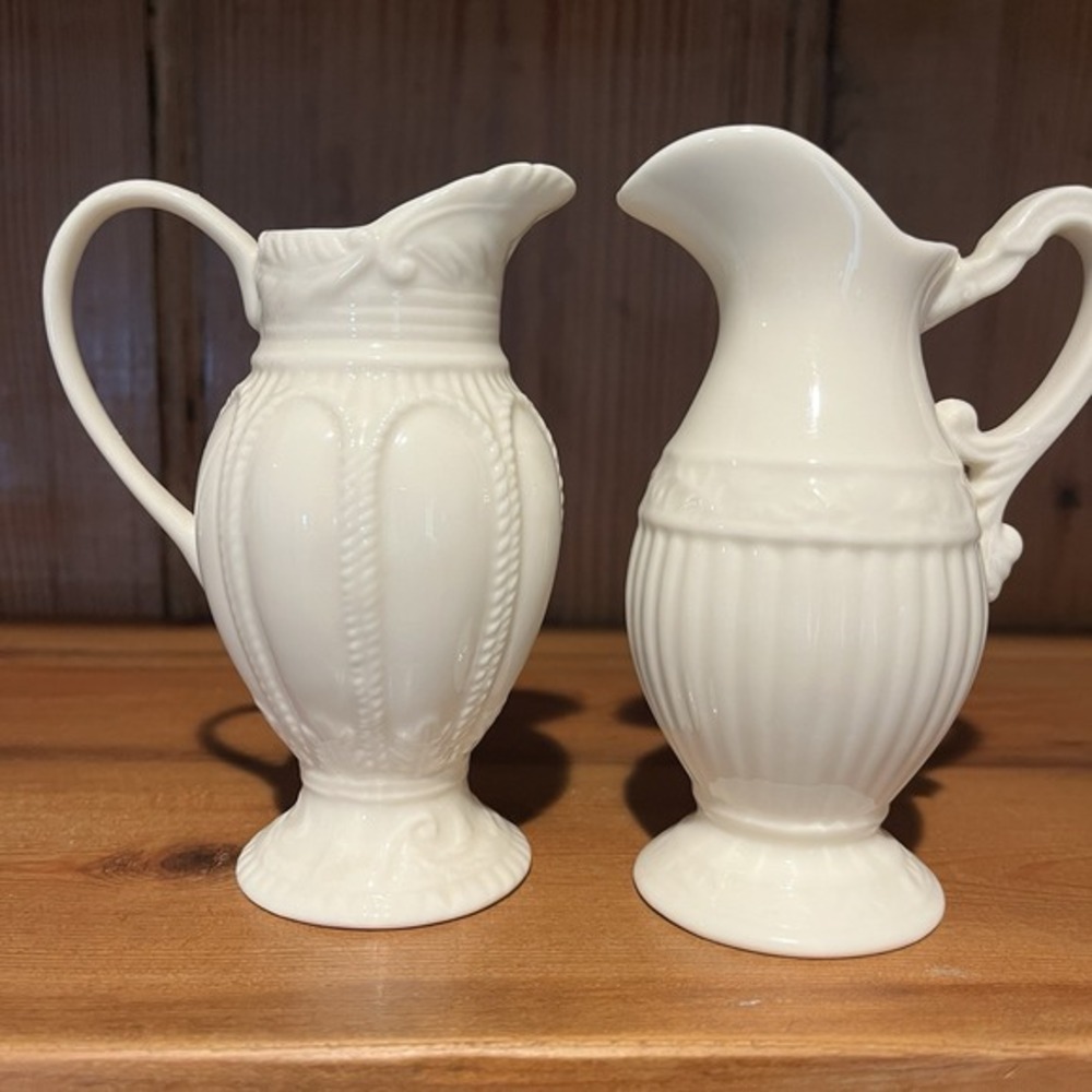 2 Thatcham Creamware England 5" Cream Intricate Vine/Rib Scroll Pitchers Vintage
